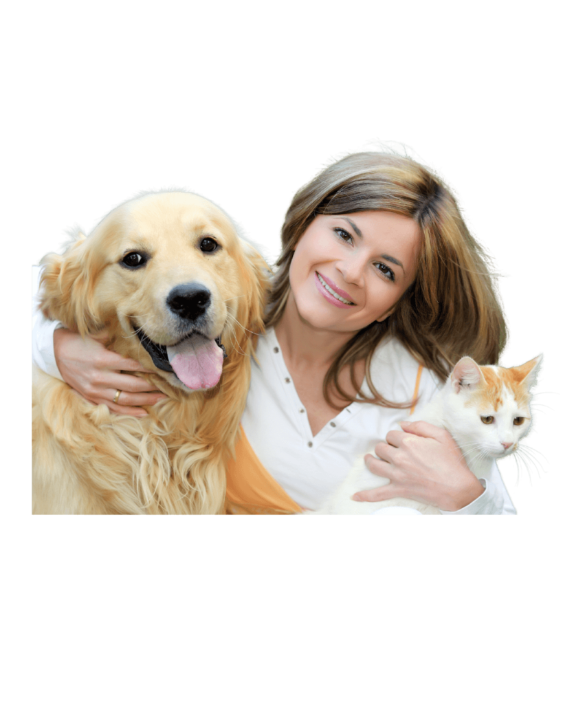 Mujer con su perro y su gato